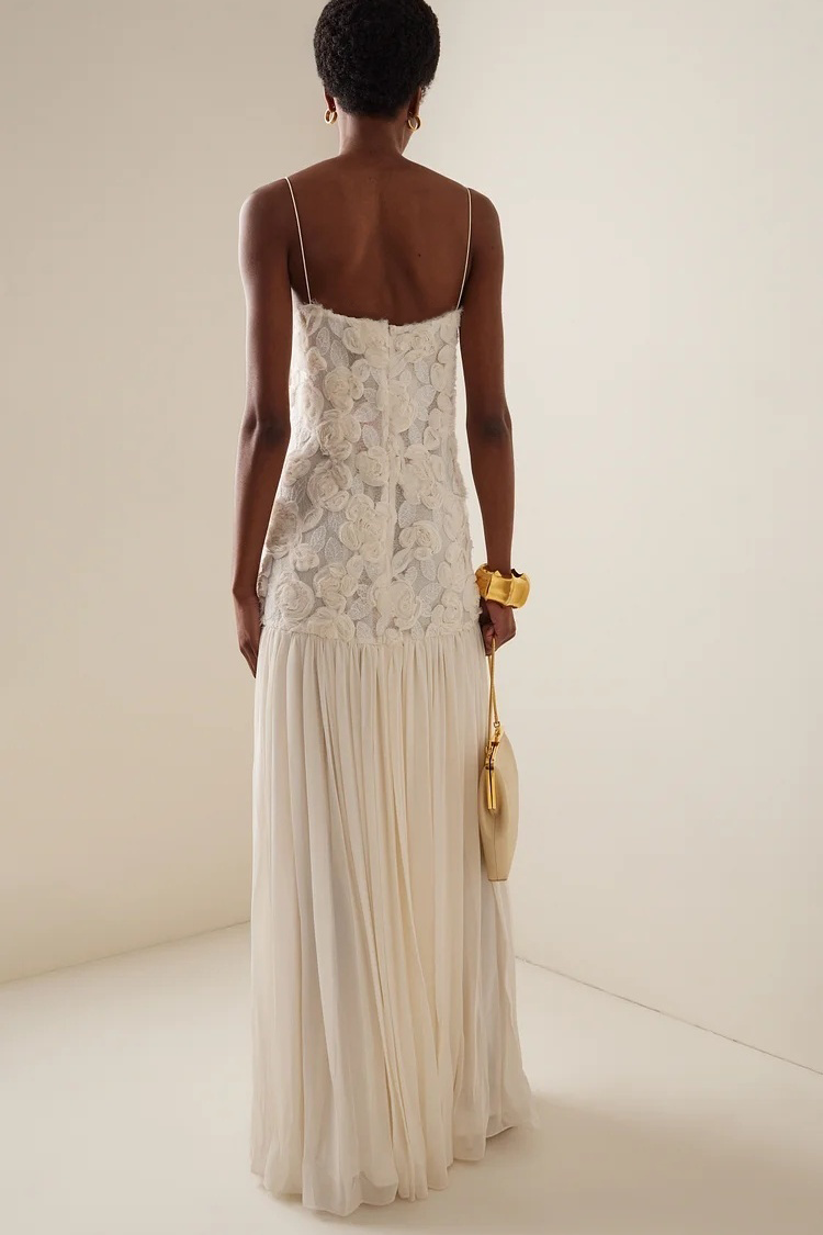 Andrea Floral Applique Pleated Chiffon Maxi Dress