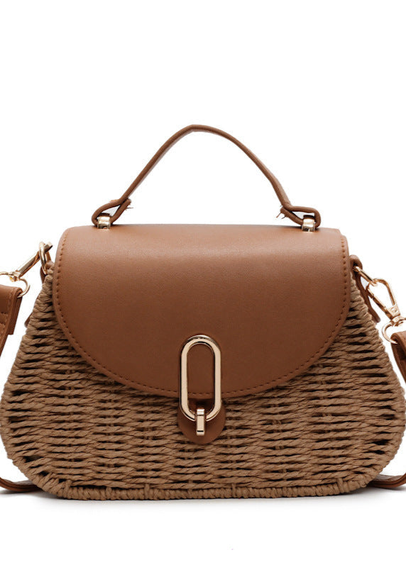 Solene - Curved Rattan Shoulder Bag with Faux Leather Flap