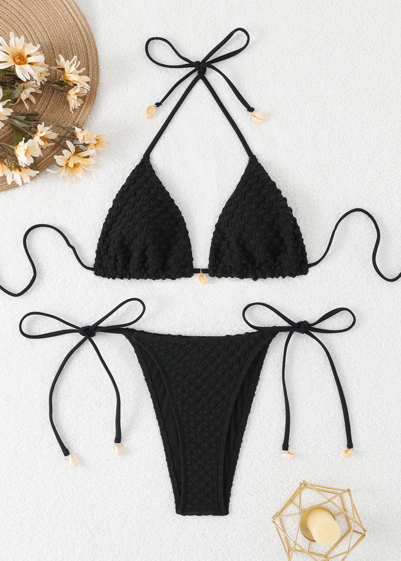 TextuRed Shell-Embellished Triangle Bikini Set