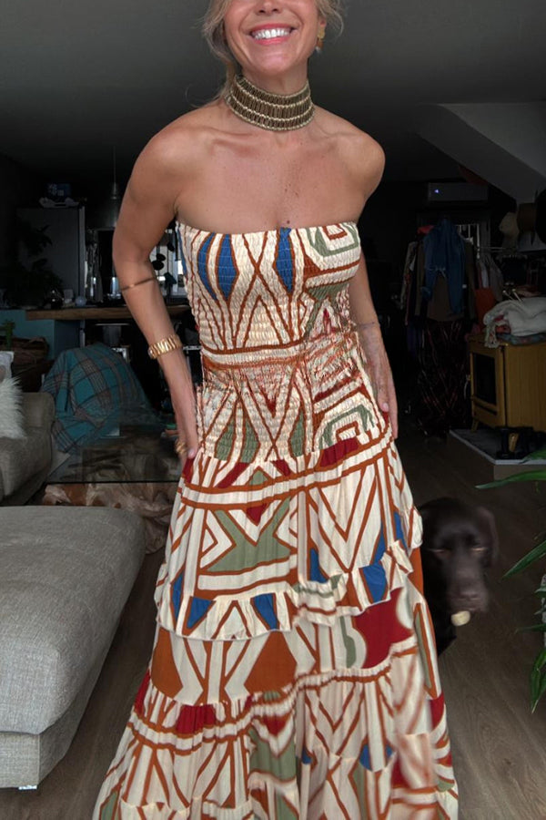 Bohemian Style Unique Print Tube Top Pleated Maxi Dress