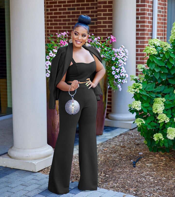 Traje de tres piezas con chaqueta, chaleco y pantalones anchos para otoño e invierno.