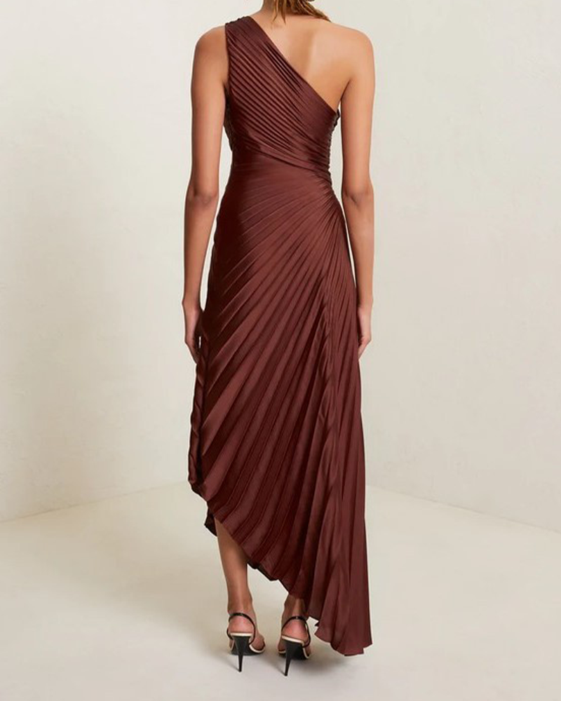 One-Shoulder Pleated Satin Dress
