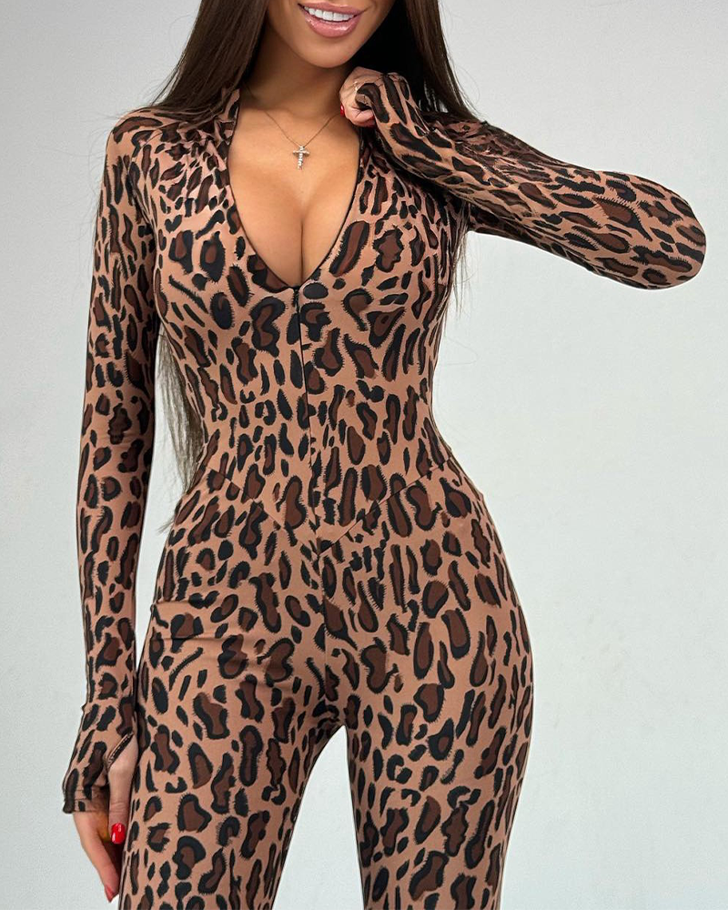 Leopard Print Waist-Cinching Hip Lifting Jumpsuit