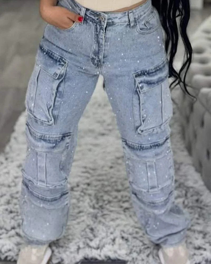 Diamond-Studded Casual Overalls