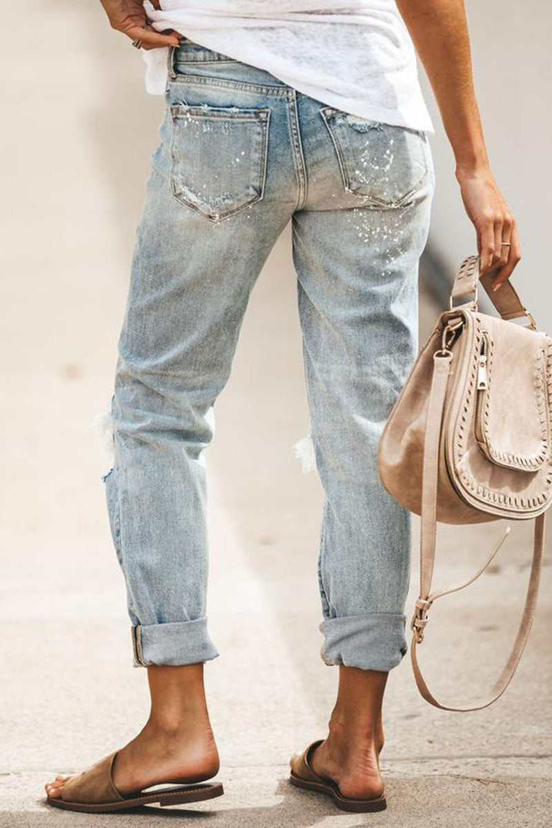 Fashion Street Solid Ripped Loose Denim Jeans