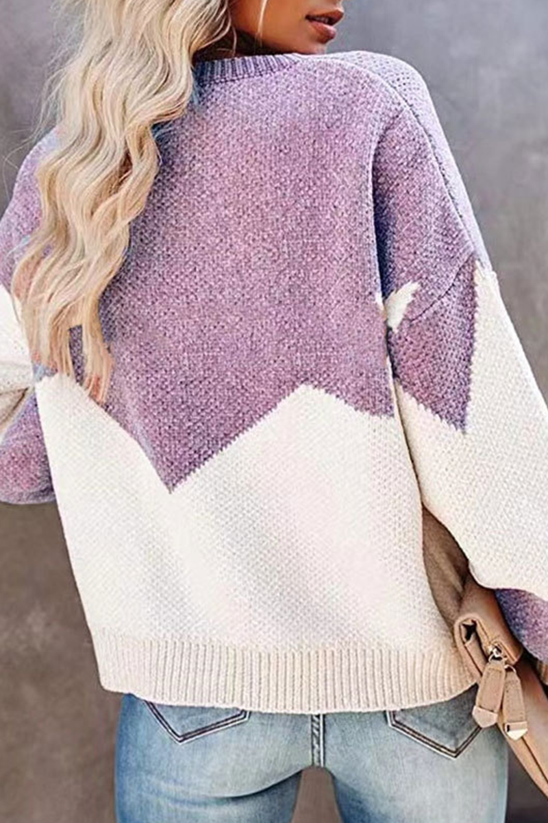 Casual Geometric Contrast O Neck Tops Sweater
