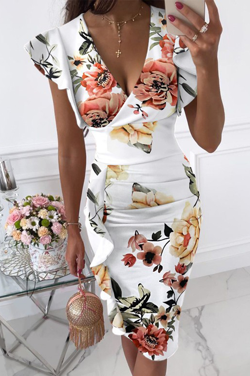 Elegante vestido de moda con volantes, cuello en V, falda cruzada (9 colores)