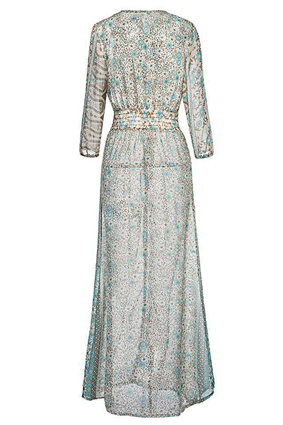 Bohemian Print Frenulum Buckle Slit V Neck Dresses