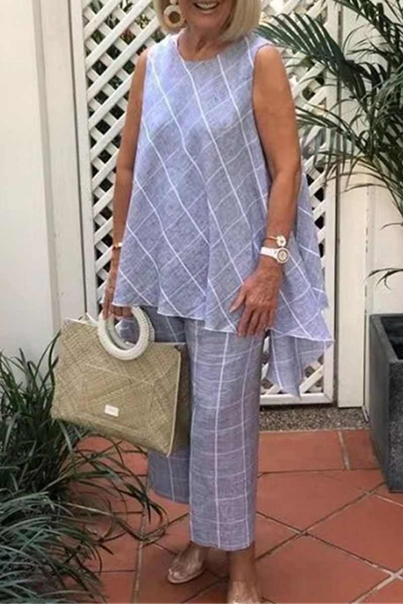 Pantalones casuales de cuadros con abertura en la parte delantera, rectos, de cintura media y pierna ancha con estampado completo