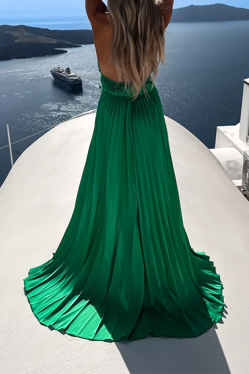 Vestidos de moda con falda de pastel, cuello halter, abertura alta y unicolor (4 colores)