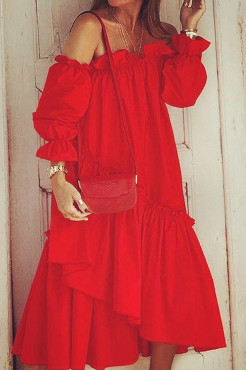 Vestidos casuales de falda pastel con hombros descubiertos y volantes lisos (4 colores)