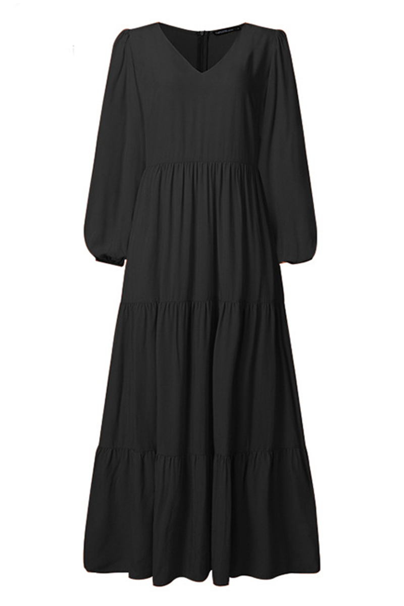 Vestidos casuales de falda pastel con cuello en U y volantes lisos (3 colores)