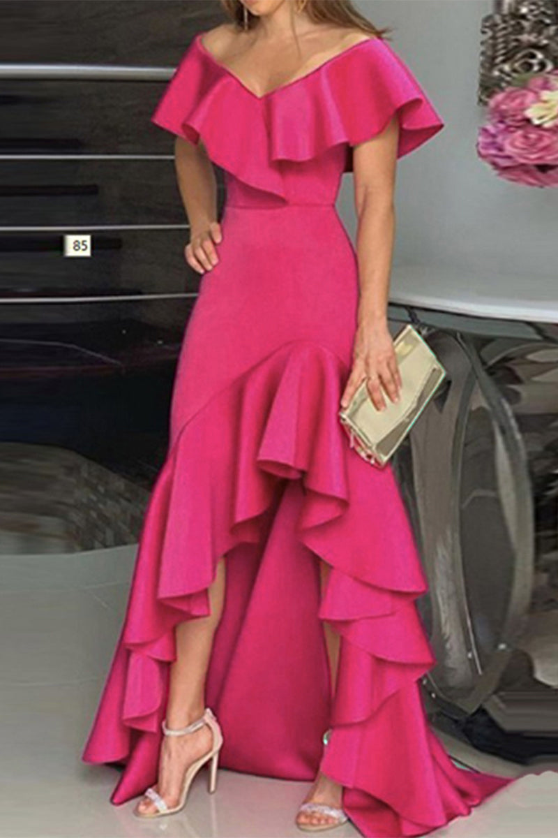 Elegante vestido irregular con escote en V y volantes lisos (4 colores)