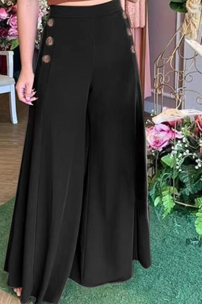 Pantalones casuales elegantes de color liso con botones sólidos y pierna ancha suelta
