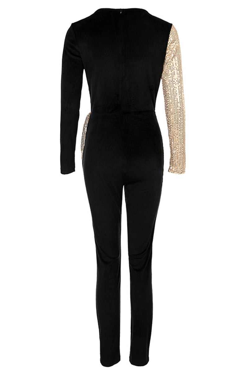 Casual Color Block Sequins V Neck Regular Jumpsuits