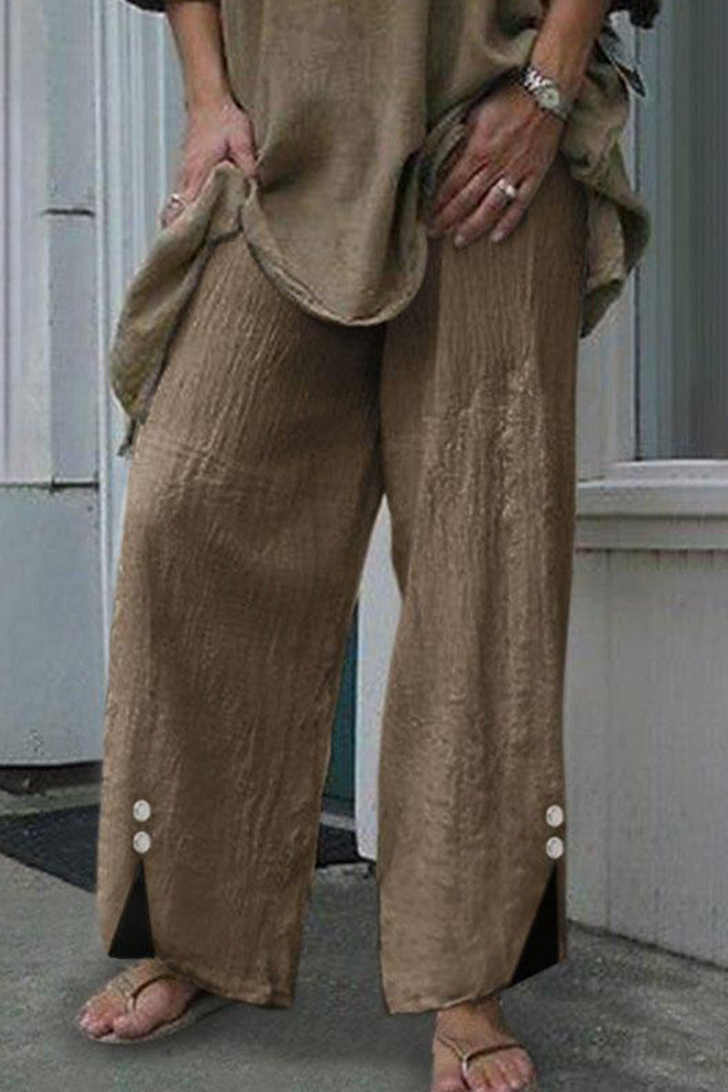 Pantalones casuales de color liso con botones, sueltos, de cintura media y rectos