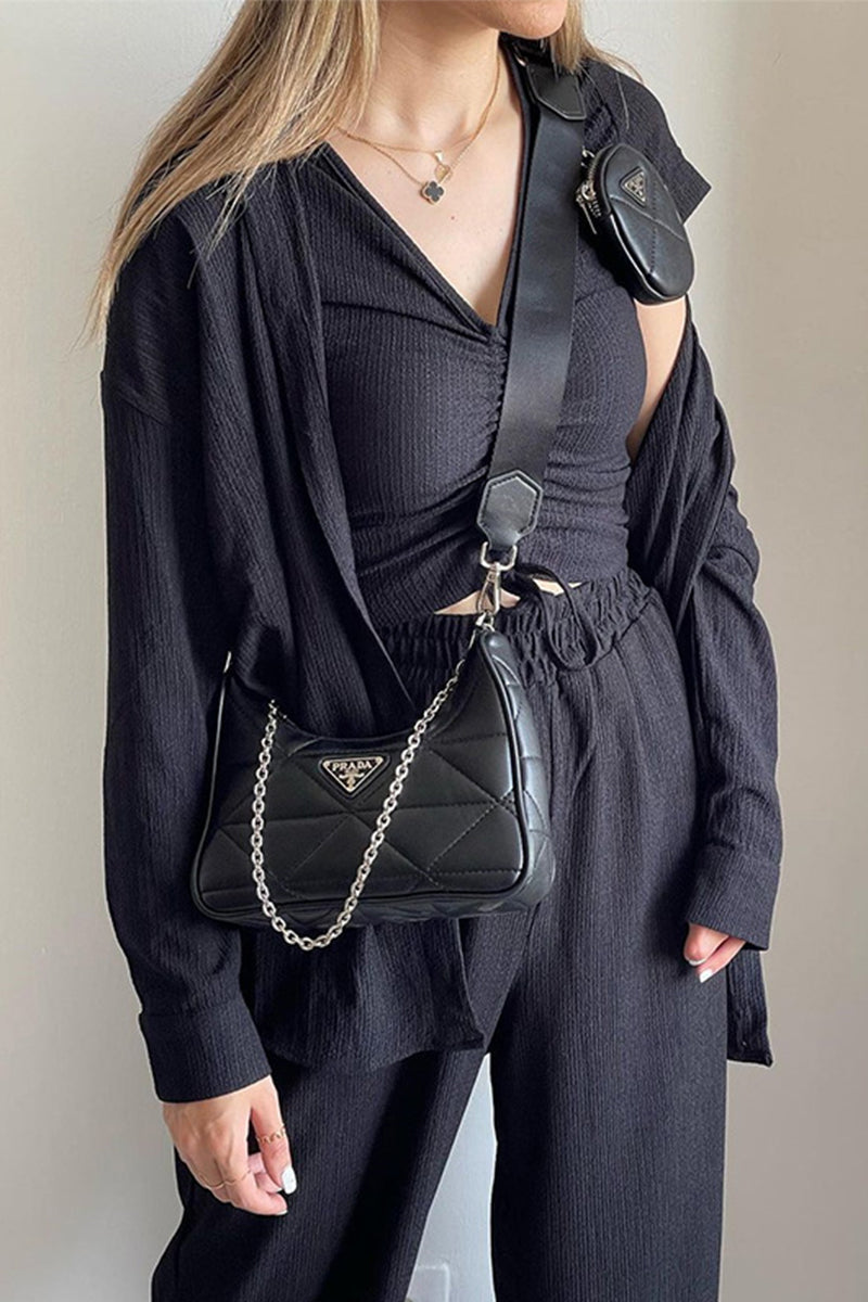 Conjunto informal de tres piezas con cuello vuelto, manga larga y cordón ajustable (camisa, chaleco y pantalón)