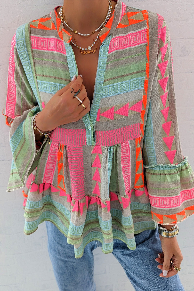 Blusas casuales con cuello en V y contraste de bloques de color