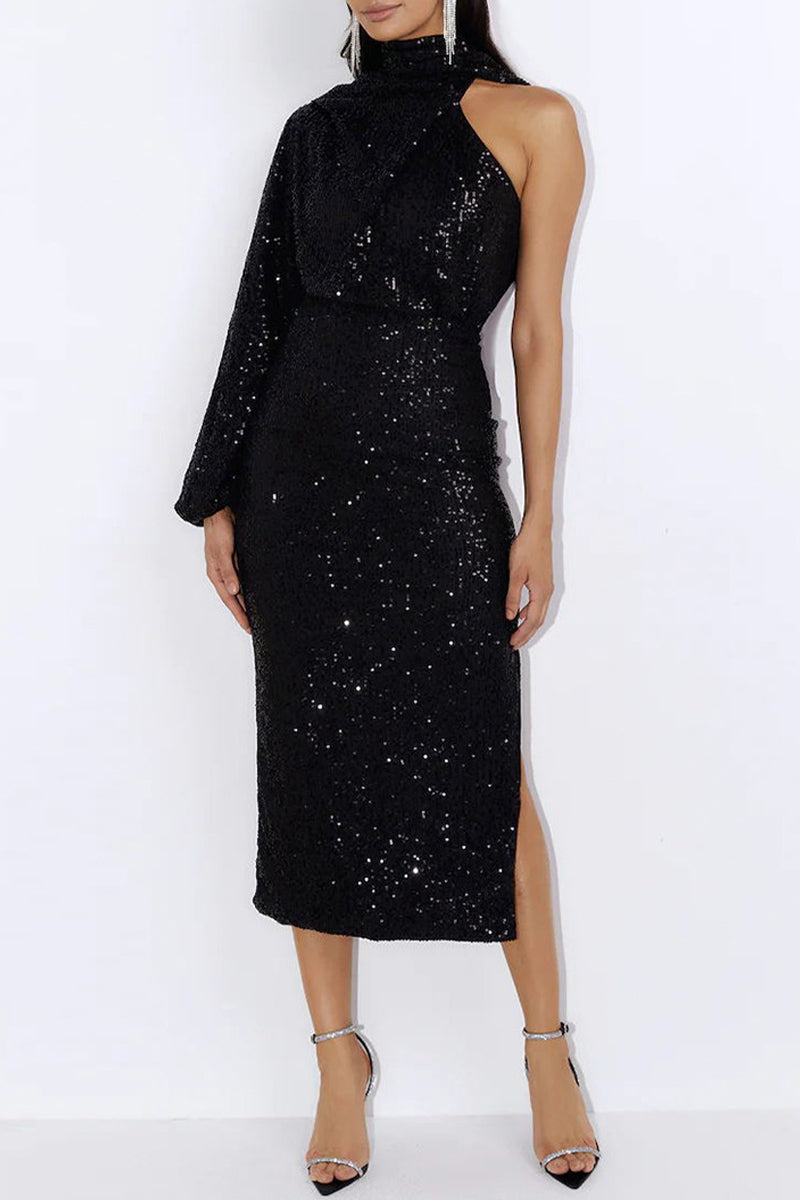 Elegante vestido de noche formal con lentejuelas lisas y abertura tipo halter (6 colores)