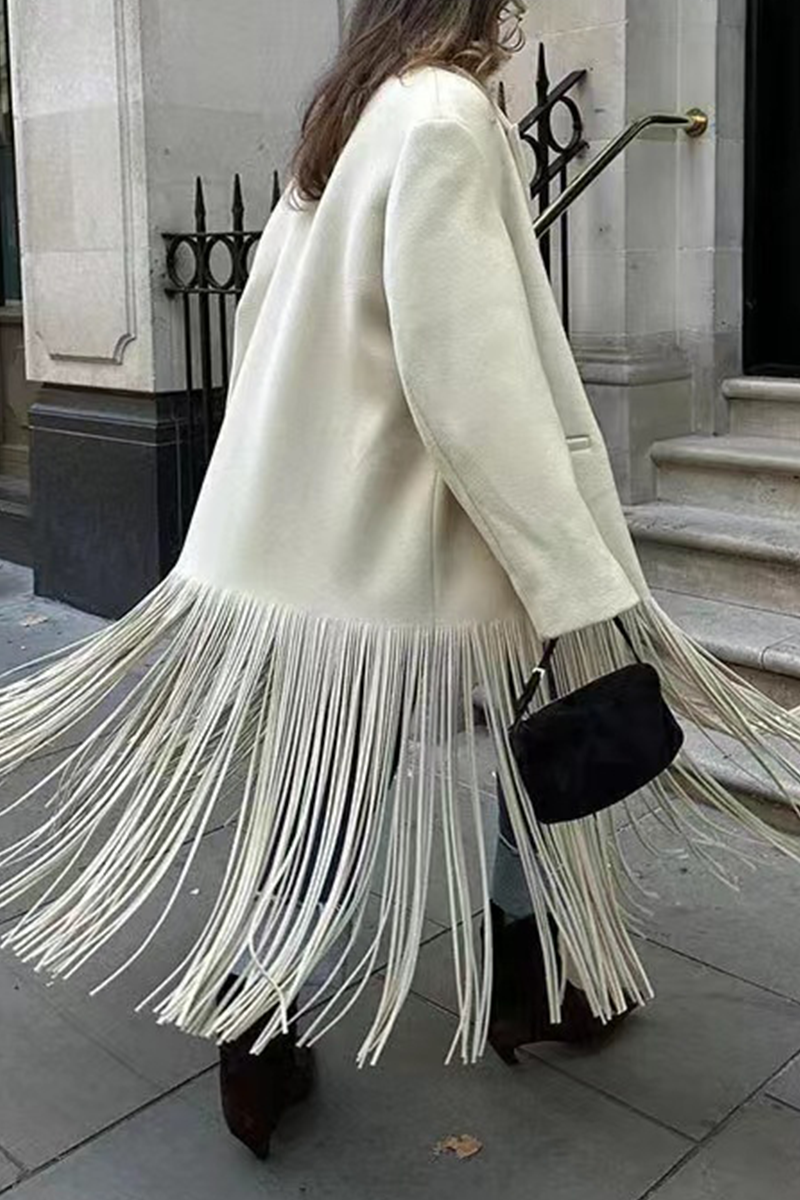 Prenda exterior elegante de estilo británico con borlas sólidas y cuello vuelto