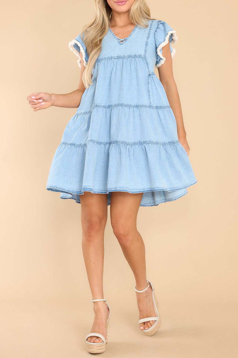 Vestidos vaqueros holgados de manga corta con cuello en V y volantes lisos