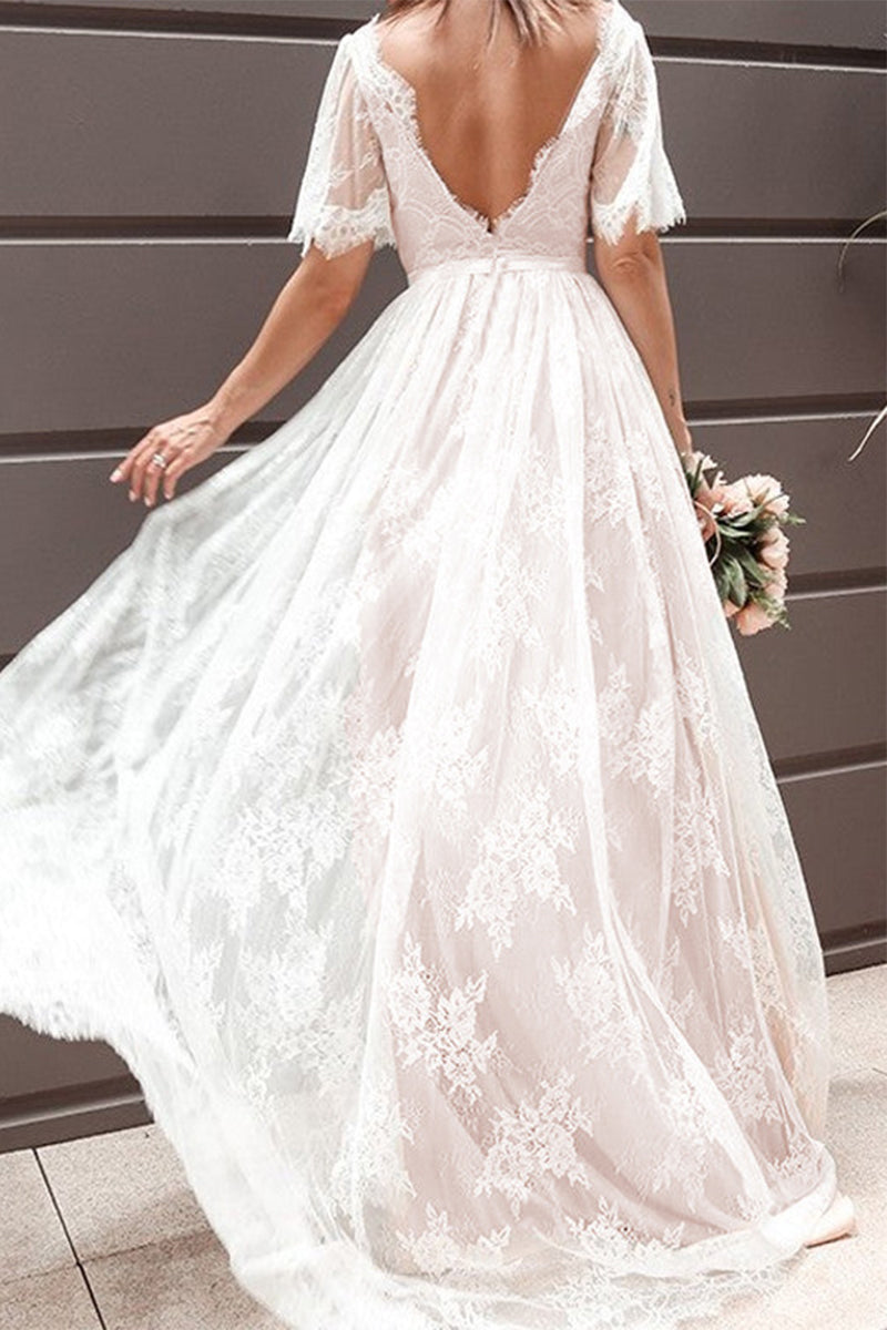 Vestido de noche sexy formal de encaje sólido con cuello en V