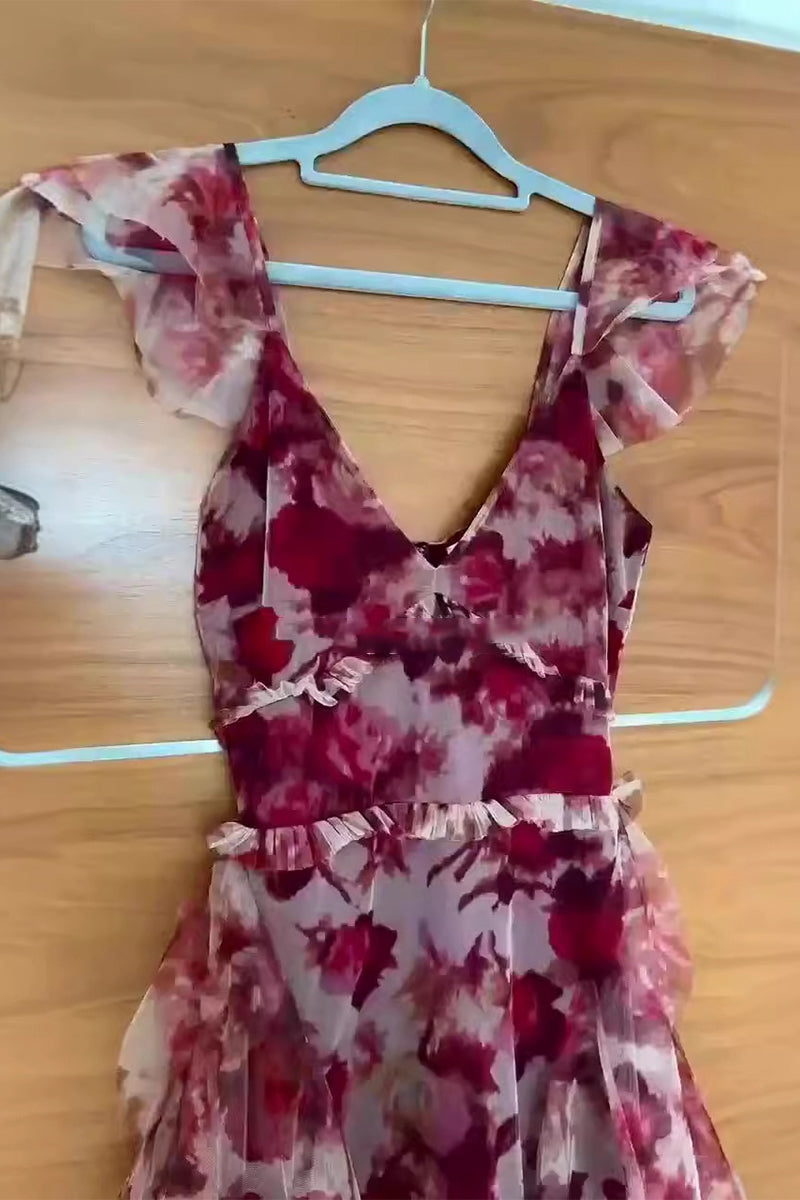 Vestidos vintage elegantes con flores, volantes, escote en V y falda de un solo paso