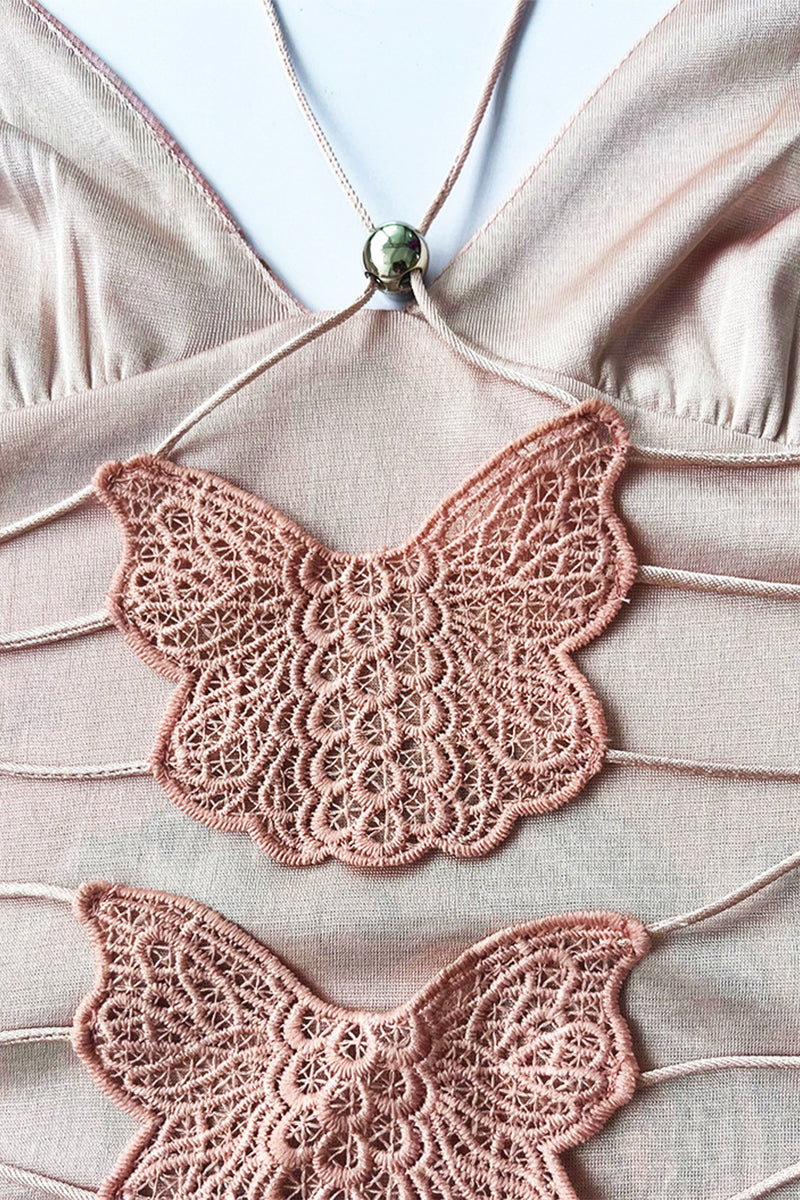 Vestido sexy vintage con estampado geométrico de mariposas y malla de retazos con escote en V y falda de un solo paso