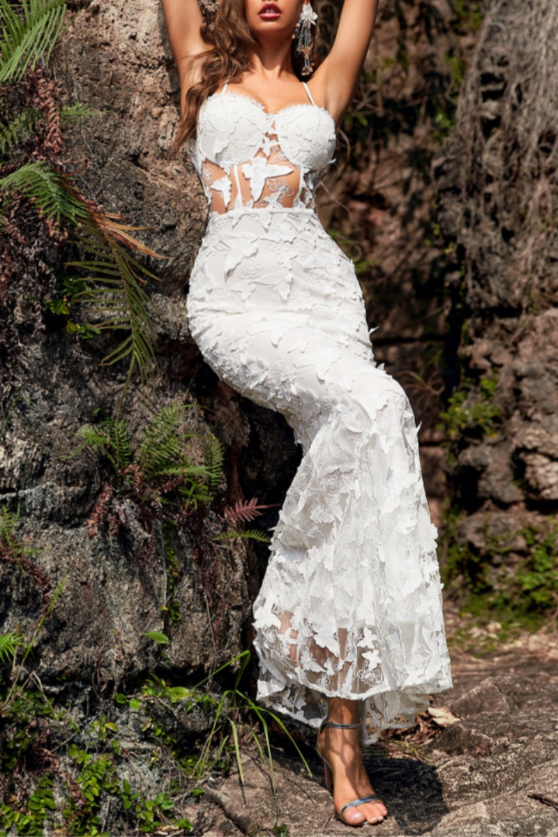 Vestidos largos sexis formales de color liso con patchwork transparente y espalda descubierta con tirantes finos