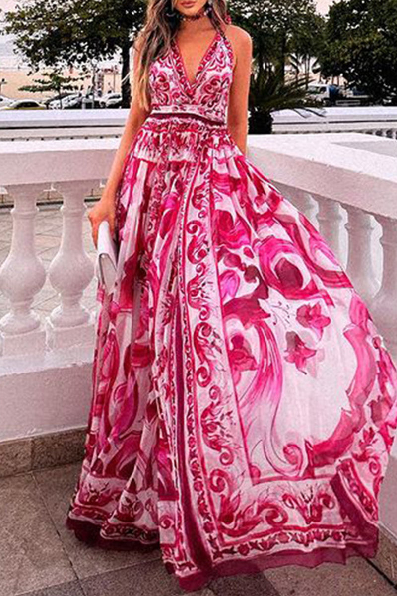 Vestidos sexis con estampado floral vintage, espalda descubierta y cuello halter