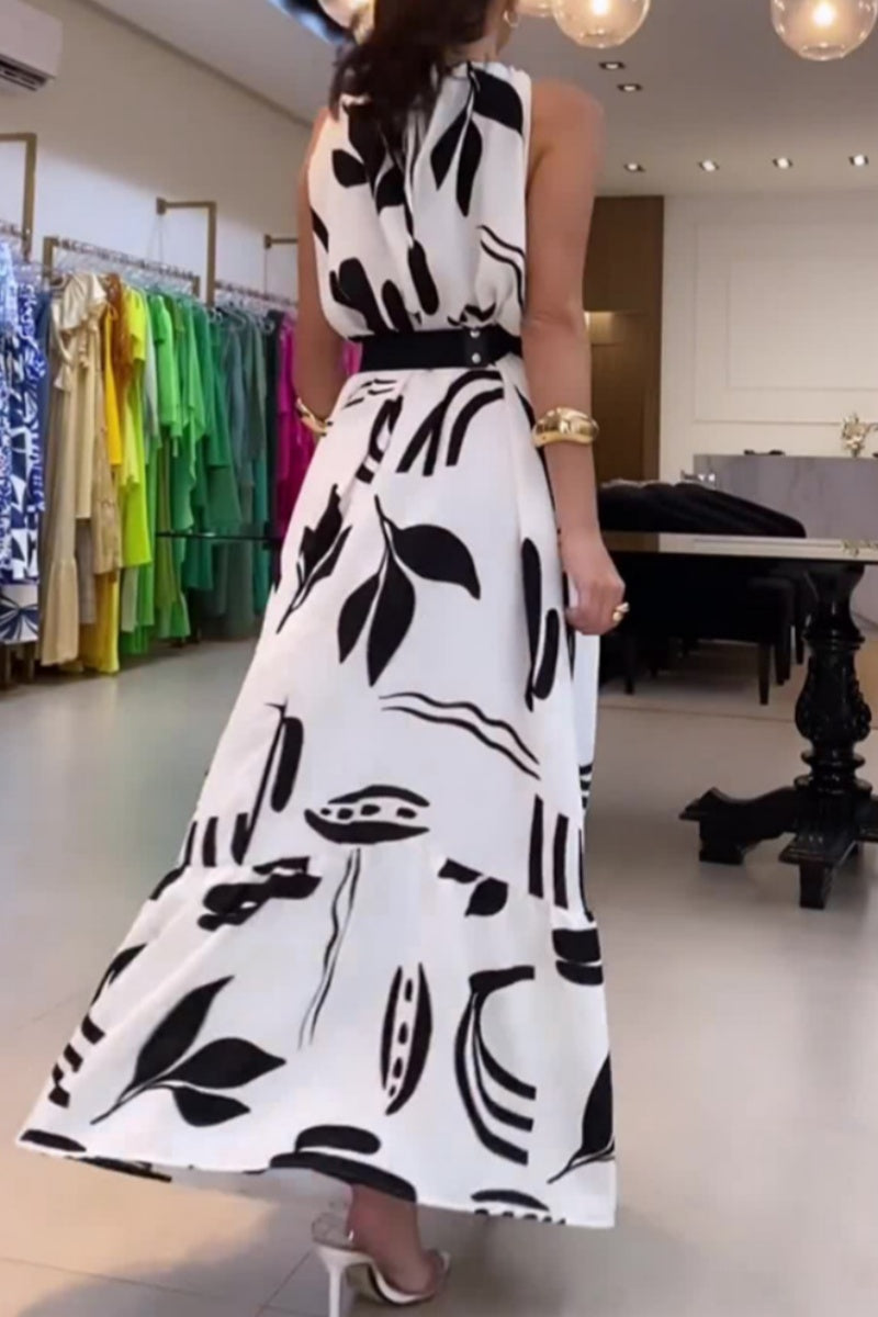 Vestidos largos casuales con estampado floral, cordones y cinturón, cuello redondo