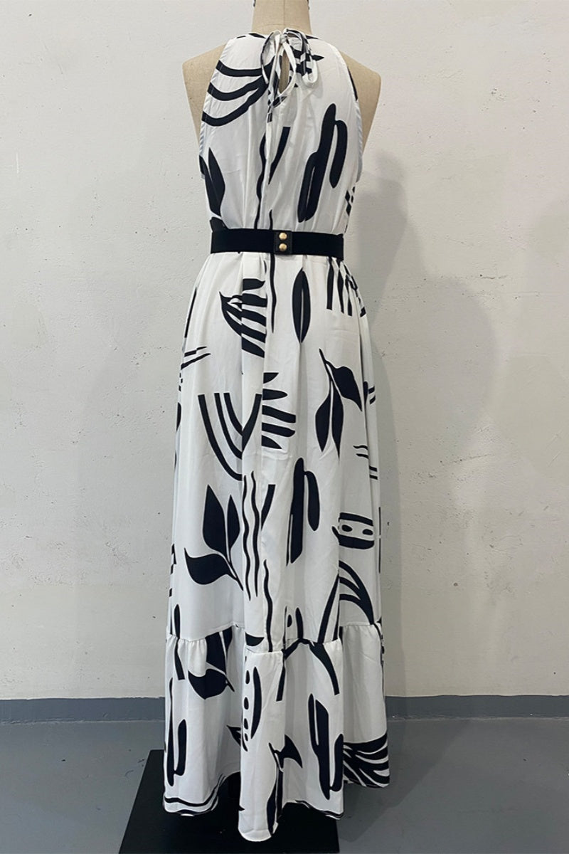 Vestidos largos casuales con estampado floral, cordones y cinturón, cuello redondo