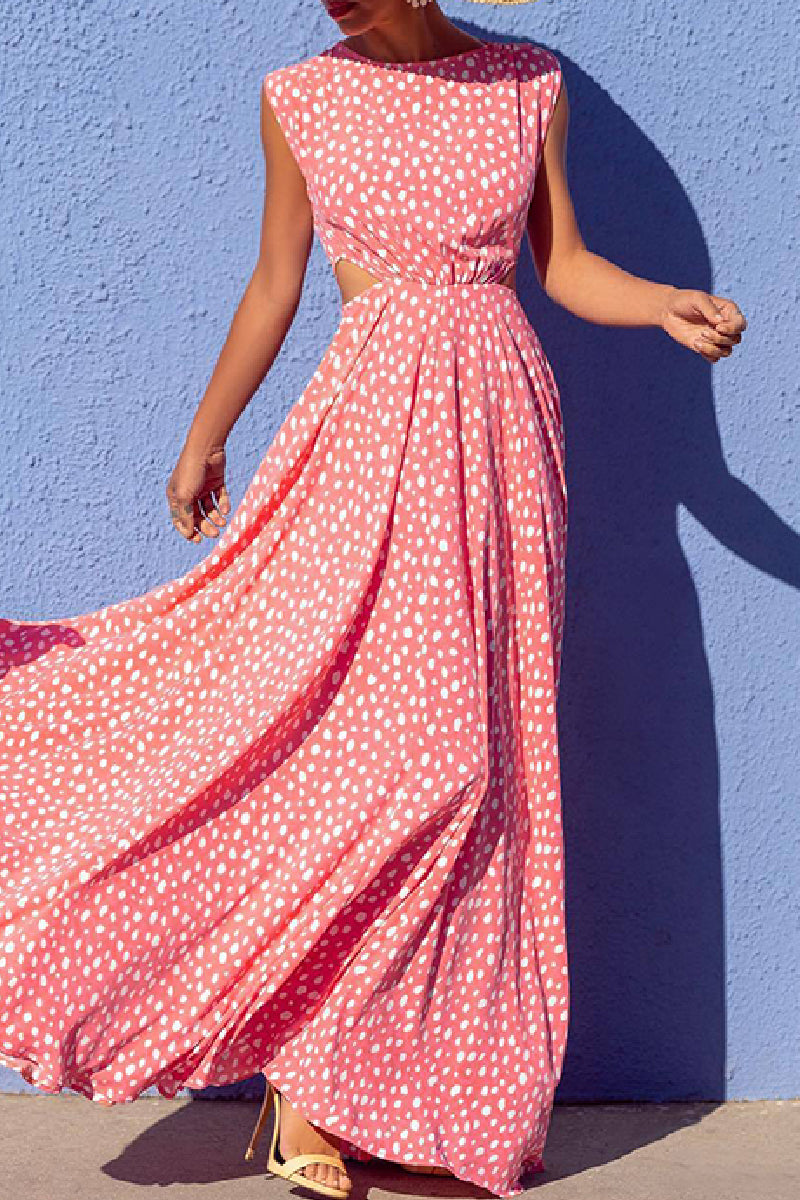 Vestidos largos casuales con cuello redondo y estampado de lunares