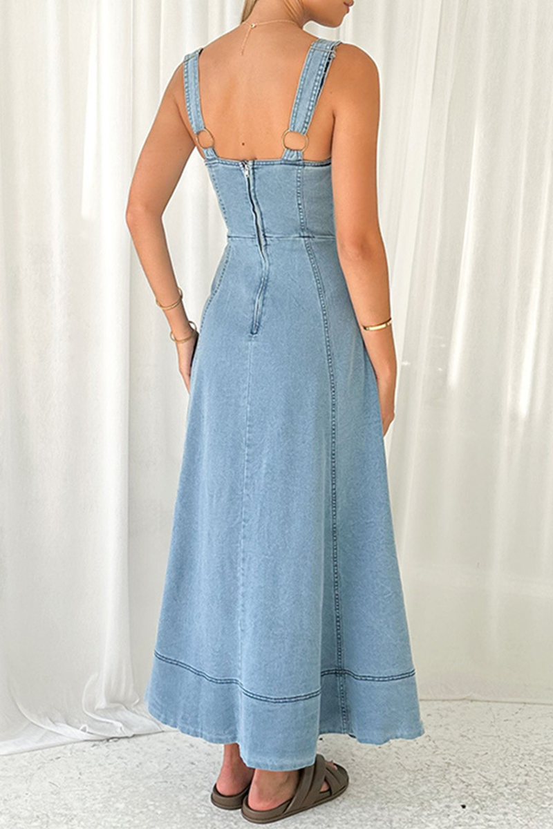 Vestidos vaqueros sexis de calle de color liso con bolsillos, botones, cremallera y cuello en V sin mangas