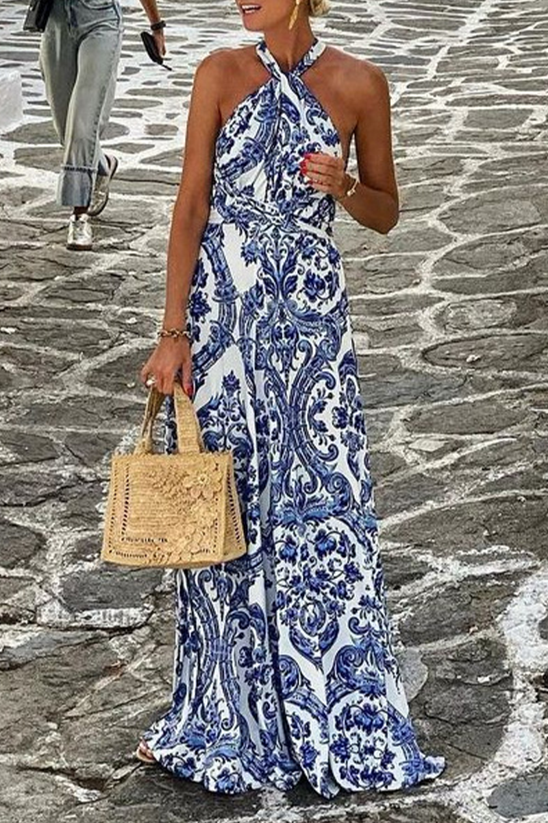 Vestidos bohemios de vacaciones con estampado floral y patchwork, sin mangas y cuello halter