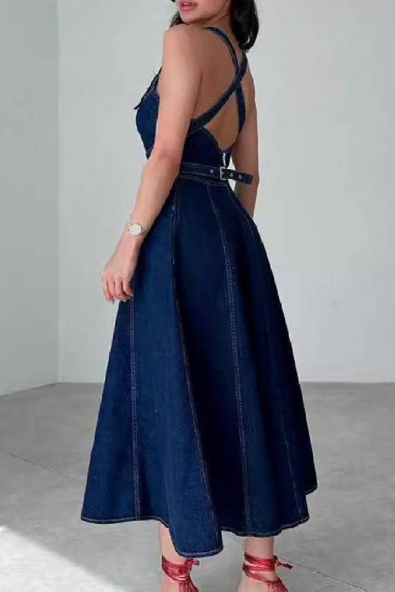 Vestidos casuales de mezclilla ajustados sin mangas con cuello en U de color sólido