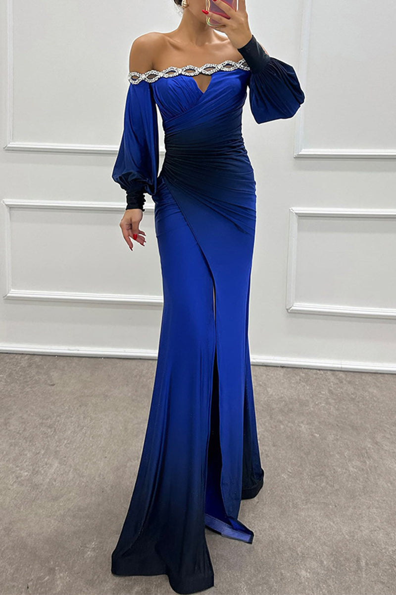 Vestidos largos sexys con hombros descubiertos, fruncidos, estampado degradado y aberturas para fiesta de graduación (7 colores)