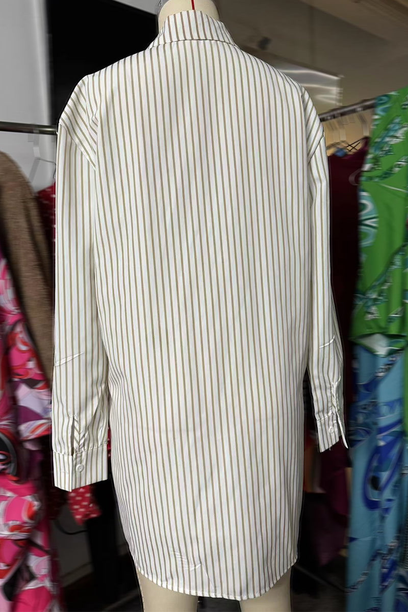 Vestidos camiseros casuales con cuello vuelto, hebilla y estampado de rayas