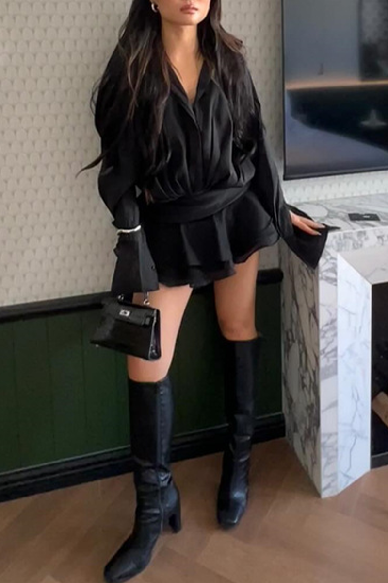 Vestido camisero sexy con cuello vuelto, fruncido, sin cinturón y volantes en el bajo irregular (sin cinturón)