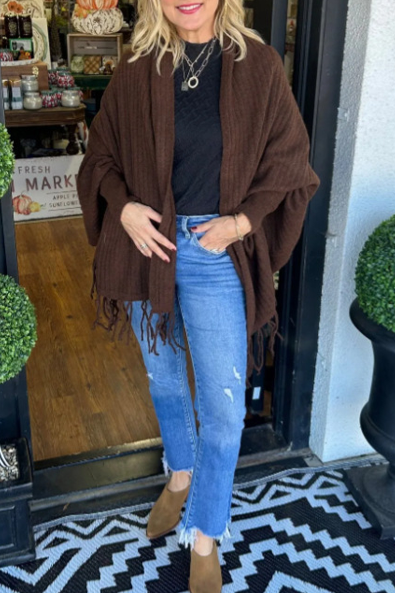 Prenda exterior informal con cuello tipo cárdigan irregular y ribete de flecos (9 colores)