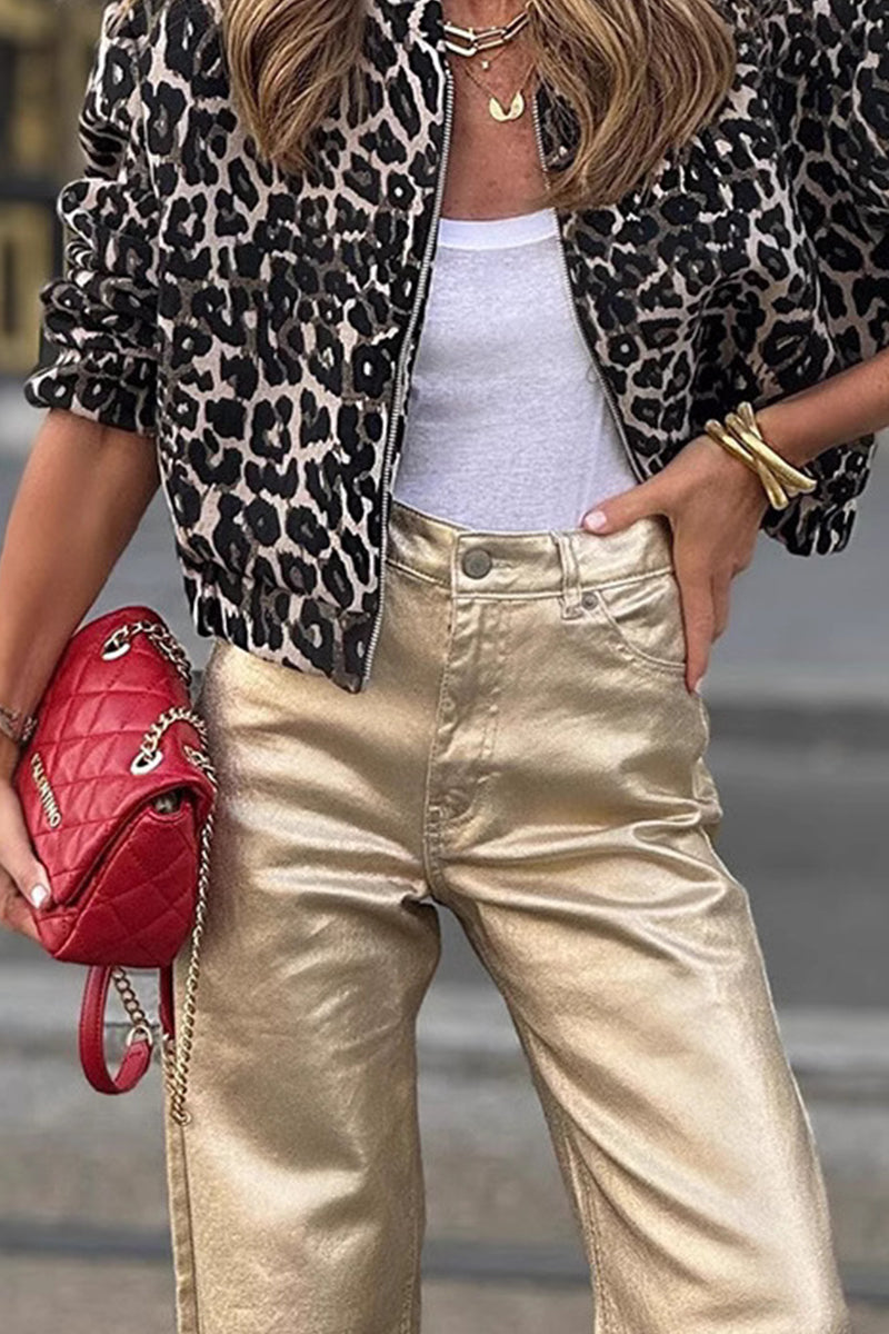 Pantalones rectos de cintura alta holgados con parches desgastados para uso diario informal