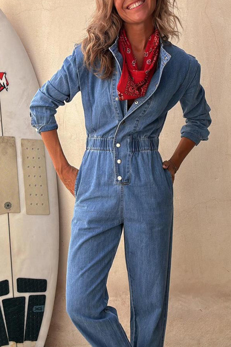 Casual Solid Color Distressed Pocket Buckle O Neck Long Sleeve Regular Denim Jumpsuits