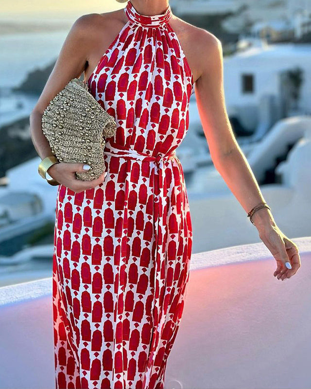 Printed Halter Neck Beach Vacation Midi Dress