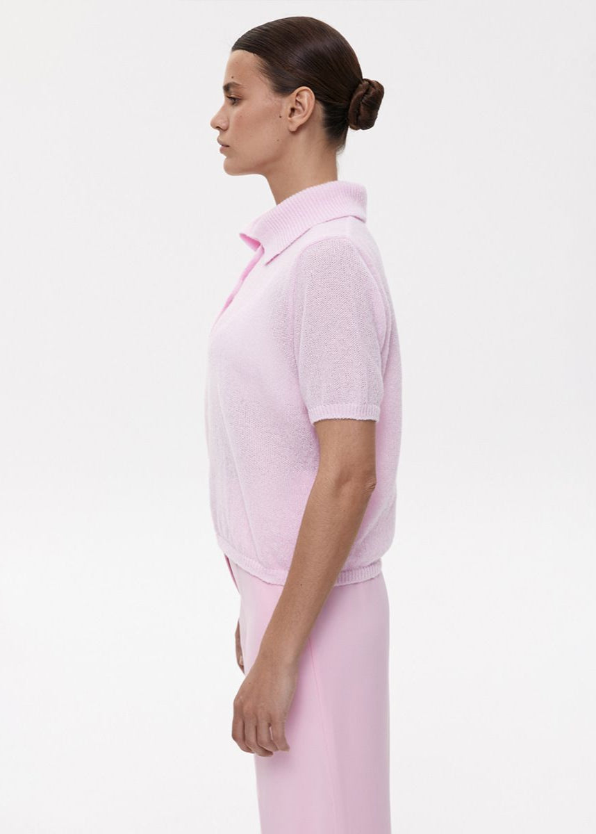 Luna Textured Knit Polo Top – Soft Pink Button-Up Tee