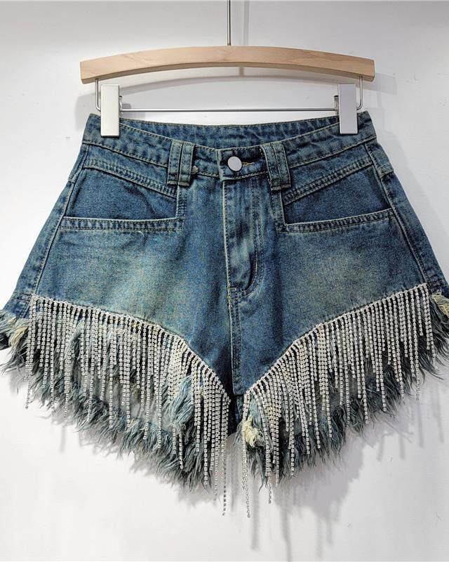 Ripped High Waist Rhinestone Tassel Chain Denim Shorts