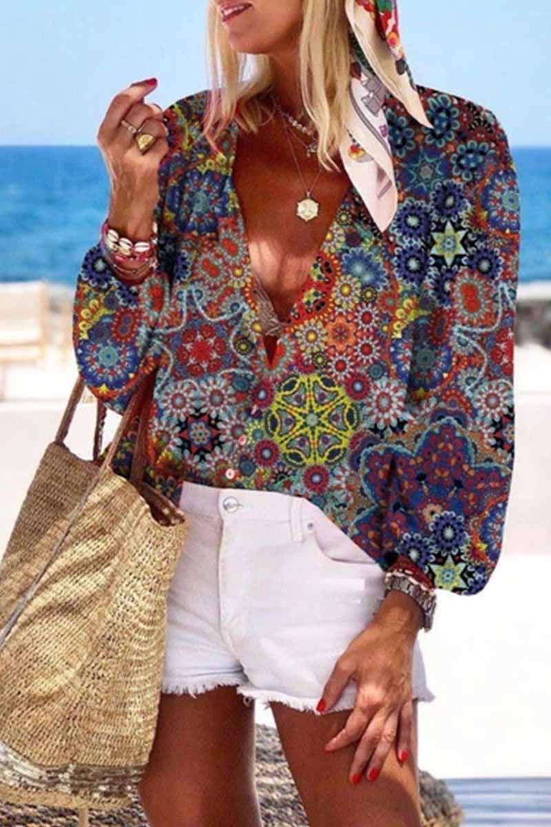 Loose Print Lapel Blouse