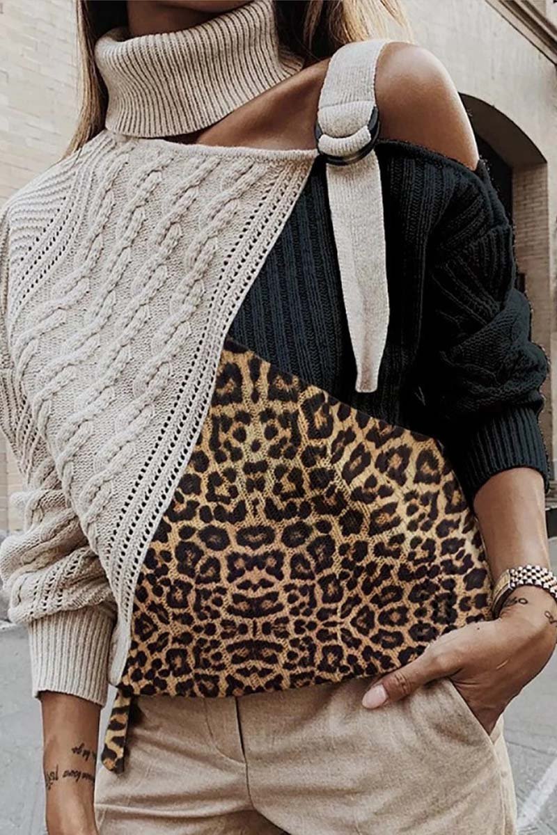 Leopard Dew Shoulder Patchwork Sweater