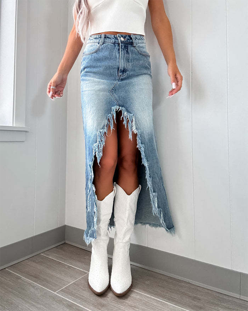Irregular Raw Edge Denim Skirt