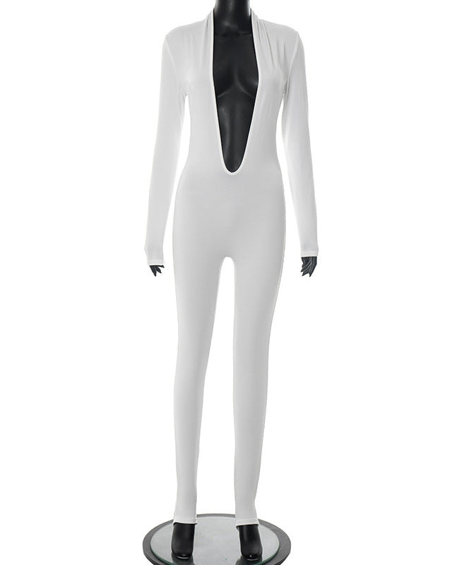 Deep V Long-Sleeved Open-Back Tights Jumpsuit