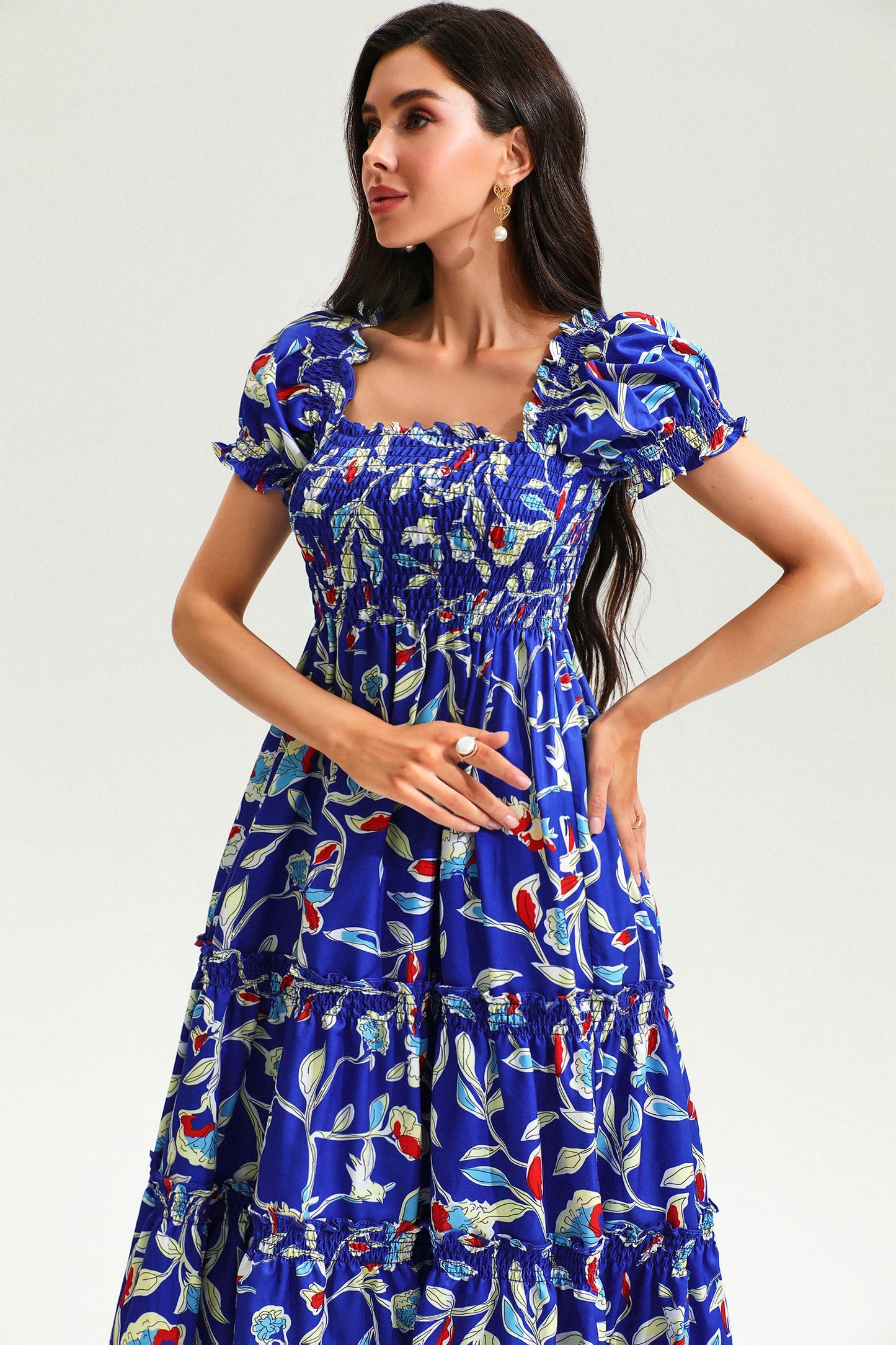Botanical Print Square Neck Short Sleeve Midi Dress